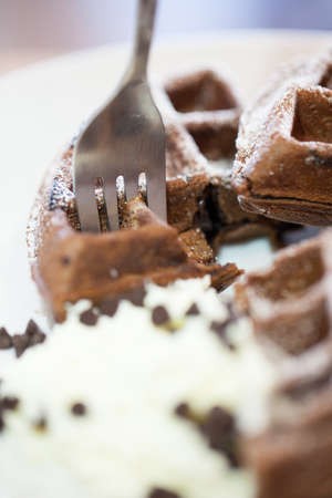 Waffle chocolate. Cut into small strips arranged on the plate and cream.の写真素材