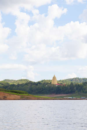 Pagoda temple at Sangklaburi in the mountains and near the dam catchment.の写真素材