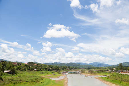 Sagklaburi bridge It is the longest wooden bridge in Thailand.の写真素材