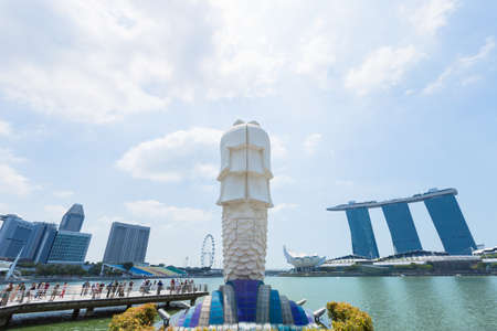 Singapore center with Merlion and skyscrapers. cityscape in daytime.