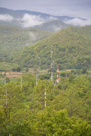 Telecommunications towers, located in a wooded area on the mountain.の写真素材