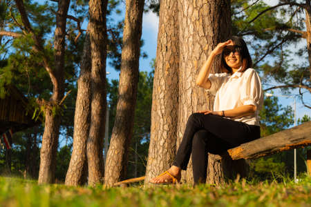 Woman sitting on a timber in park. relax and happy in sunset.の写真素材