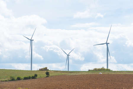 Wind turbines in the meadow A turbine used to generate electricity using wind energy.の写真素材