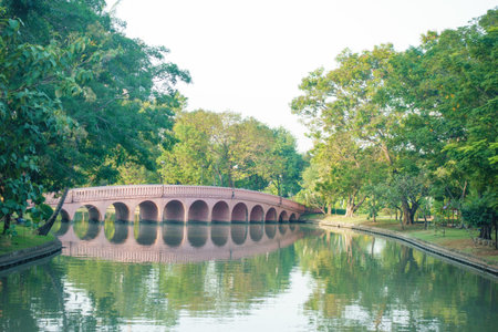 A serene park scene featuring pink bridge over calm waterway, surrounded by lush green trees and vibrant foliage, creating peaceful atmosphereの写真素材