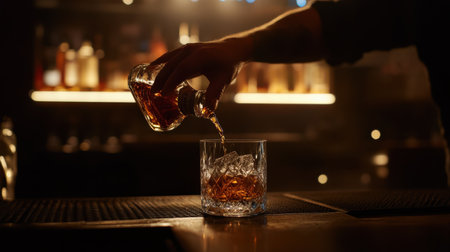 A Skillful bartender pouring whiskey into glass with ice cubesの素材