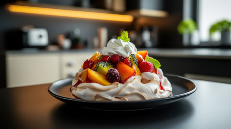 A delicious pavlova topped with fresh fruits and whipped creamの素材