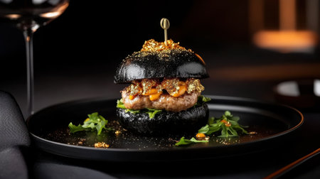 A gourmet black bun burger topped with gold flakes and fresh greensの素材