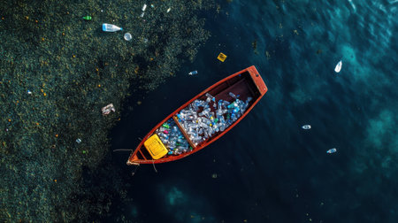 A boat navigating through sea filled with plastic waste, highlighting pollutionの素材