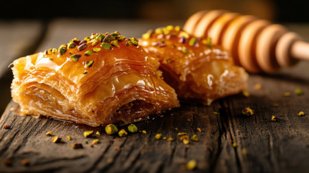 A Delicious golden baklava topped with pistachios and honey drizzleの素材