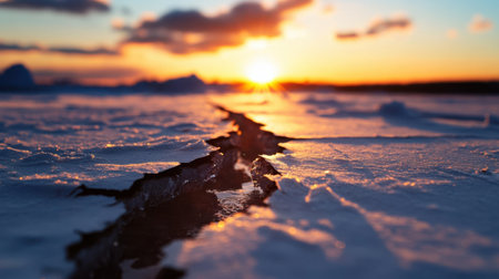 A close up view of cracks in polar ice with water seeping at sunsetの素材