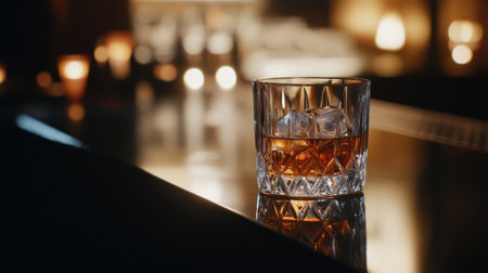 A crystal glass of whiskey with ice cubes on bar counter, creating warm ambianceの素材