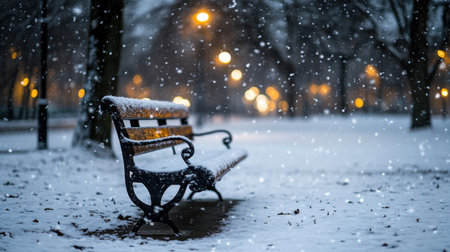 A cozy snow covered bench in quiet park with falling snowflakesの素材