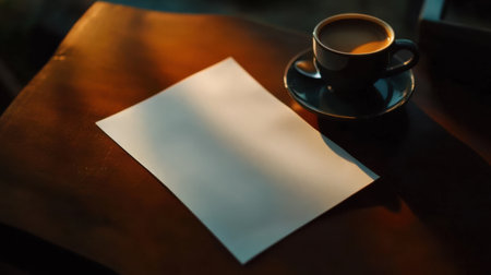 A blank piece of paper beside coffee cup on wooden tableの素材