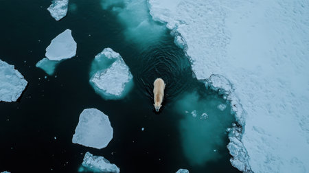 A polar bear swimming in dark water surrounded by ice and snowの素材