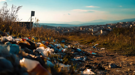 A polluted landfill near residential area with toxic waste and debrisの素材