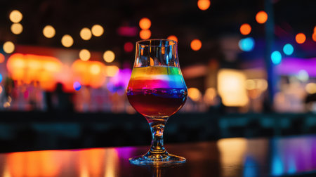 A vibrant rainbow cocktail in hurricane glassの素材