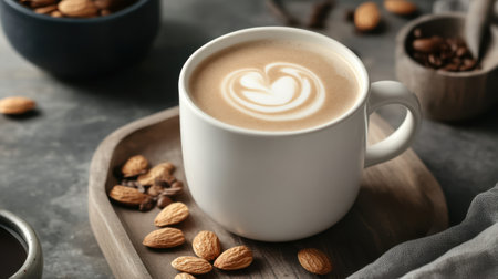 A creamy almond milk latte with heart design on topの素材