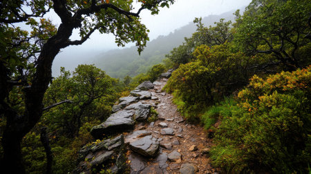 A mountain trail surrounded by lush greenery during rainy season, showcasing slippery rocks andの素材