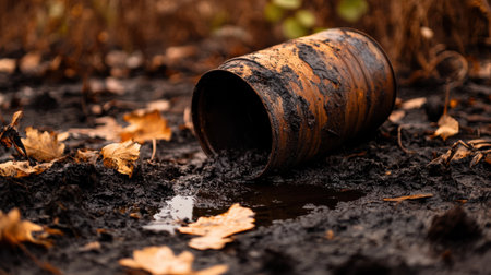 A Rusting barrel leaking toxic waste into soilの素材