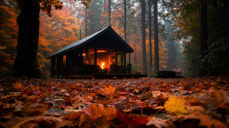 A cozy cabin in woods surrounded by colorful autumn leavesの素材