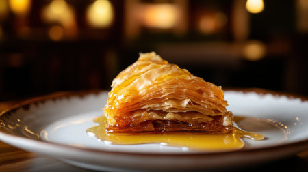 A delicious slice of baklava drizzled with honey syrupの素材