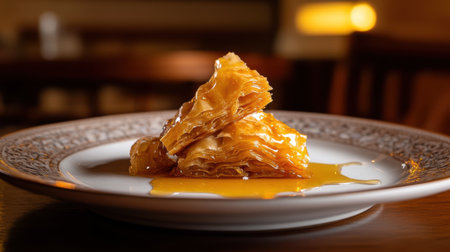 A Delicious baklava served on porcelain plate with syrupの素材