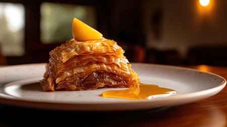 A Delicious baklava served on porcelain plate with syrupの素材