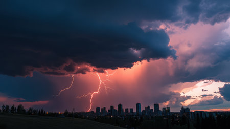 A severe thunderstorm with multiple lightning bolts striking cityの素材