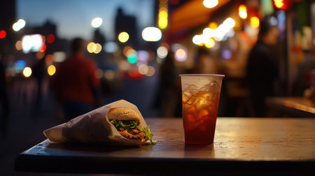 A delicious hamburger and drink on table at nightの素材