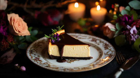 A slice of cheesecake with chocolate syrup and flowersの素材