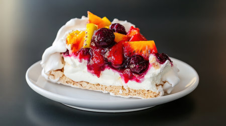 A delicious slice of pavlova topped with fresh fruitsの素材