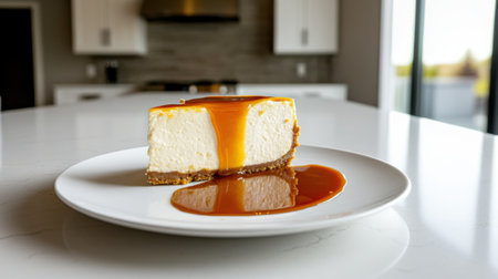 A slice of cheesecake with rich caramel sauce on plateの素材