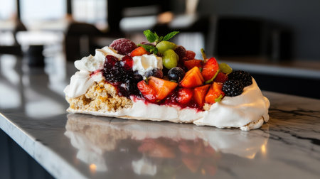 A delicious pavlova topped with fresh fruits and creamの素材