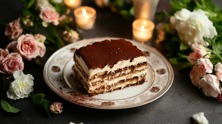 A delicious slice of tiramisu surrounded by flowers and candlesの素材
