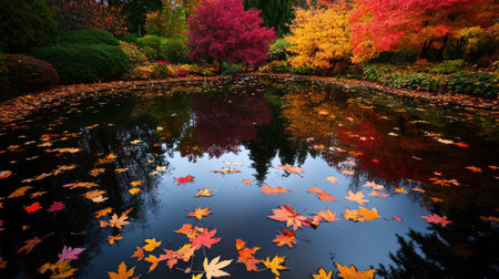 A serene pond reflecting vibrant autumn foliage and fallen leavesの素材
