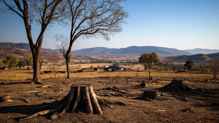 A Deforested landscape with tree stumps and mountains in backgroundの素材