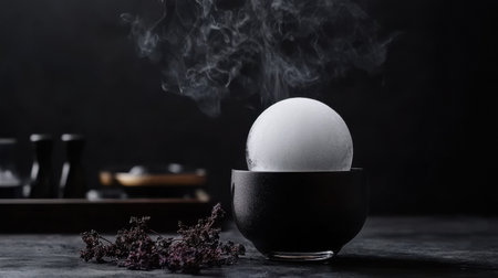A smoky cocktail with large ice sphere in dark settingの素材