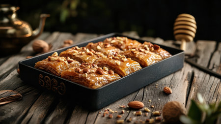 A Delicious baklava on rustic wooden table with nutsの素材