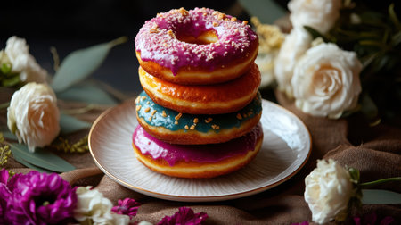 A Colorful doughnuts stacked on plate with flowersの素材