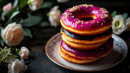 A Delicious stack of colorful doughnuts with vibrant glazesの素材