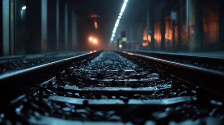 An image captures train station with tracks leading into dimly litの素材