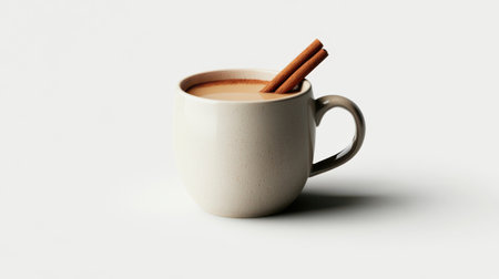 A warm chai latte with cinnamon sticks in mugの素材