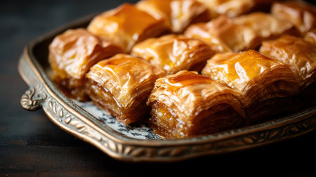 A Freshly baked baklava pieces on decorative trayの素材