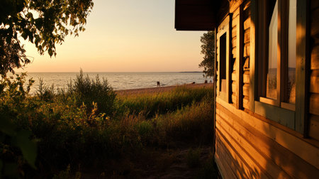 A Charming seaside cottage with sunset view and lush greeneryの素材