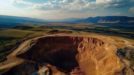 An Aerial view of vast open pit mine surrounded by mountainsの素材
