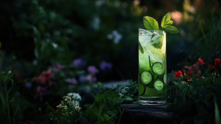 A Refreshing cucumber soda with mint in tall glassの素材