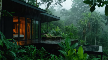 An Eco friendly modern house in rainforest with lush greeneryの素材