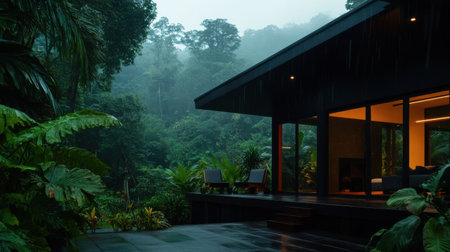 An Eco friendly modern house in rainforest with lush greeneryの素材