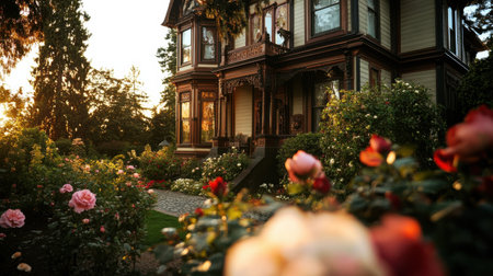 An Elegant Victorian style home surrounded by blooming rosesの素材