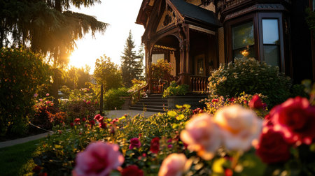 An Elegant Victorian style home with ornate woodwork and flowersの素材